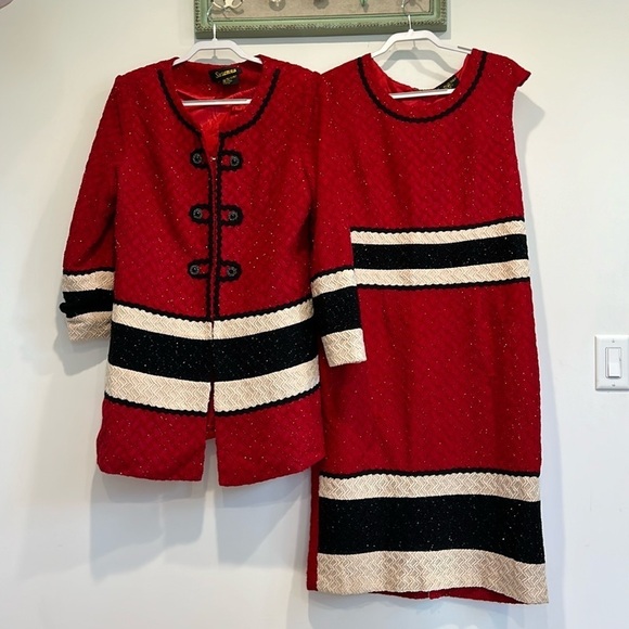 Susanna tweed sheath dress matching jacketed striped metallic red/black 16 size - Picture 1 of 11